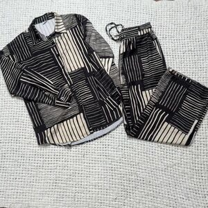 Black and Cream Geometric Pattern Shirt and Pants Set